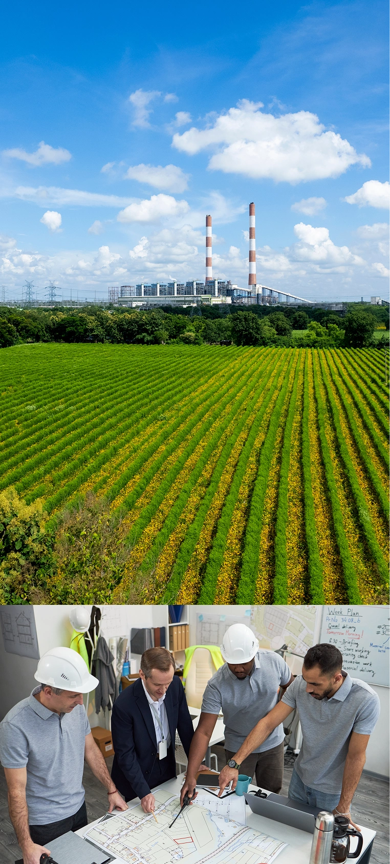 Industrial facility beside green fields and project team reviewing plans
