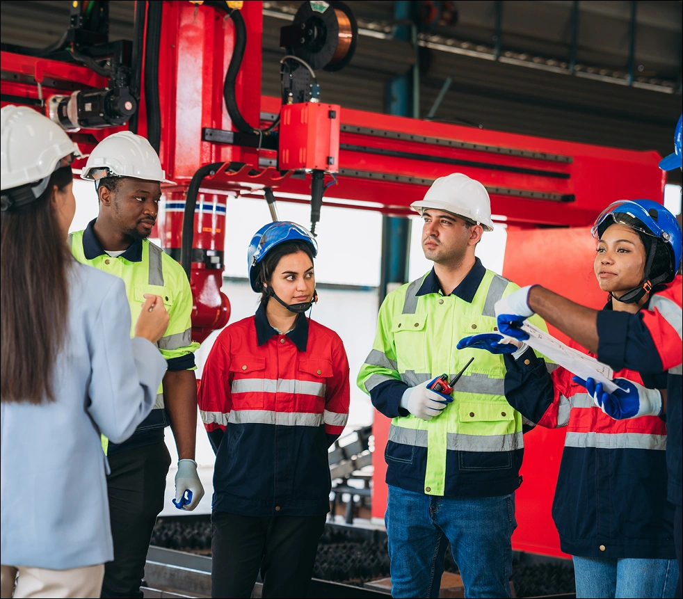 Safety professionals inspecting industrial equipment